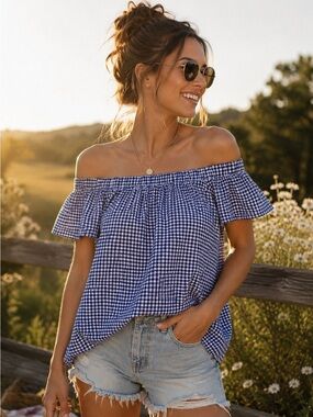 Mossimo Y2K Target Navy Blue Gingham Plaid Picnic Off the Shoulder Blouse Small